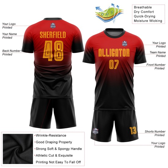 Maillot de football personnalisé rouge, or et noir, imprimé par sublimation Maillot de football personnalisé rouge, or et noir, imprimé par sublimation