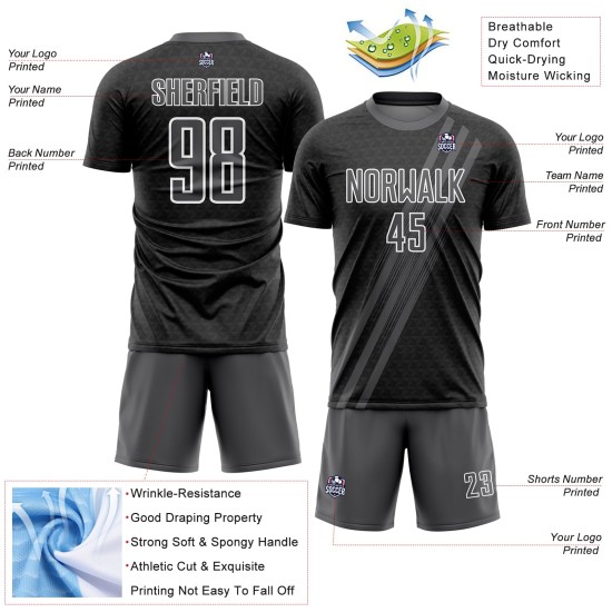 Maillot de football personnalisé à sublimation, lignes diagonales grises et blanches Maillot de football personnalisé à sublimation, lignes diagonales grises et blanches