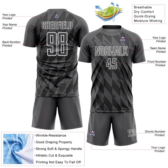 Maillot de football personnalisé à sublimation géométrique gris acier et blanc Maillot de football personnalisé à sublimation géométrique gris acier et blanc