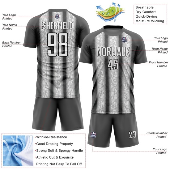 Maillot de football personnalisé à rayures ethniques gris acier, blanc et noir, sublimation Maillot de football personnalisé à rayures ethniques gris acier, blanc et noir, sublimation