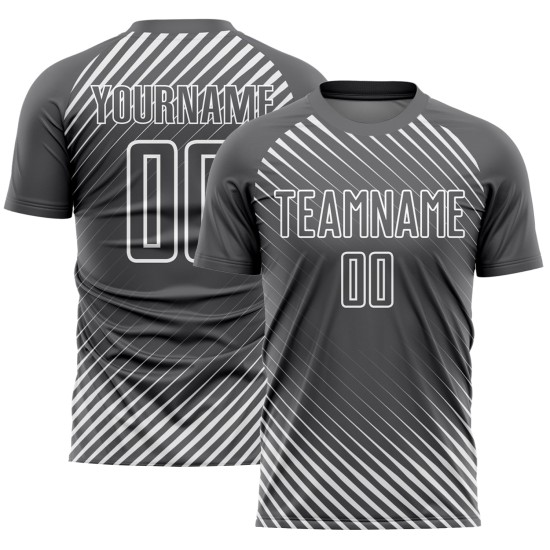 Maillot de football personnalisé à sublimation, lignes diagonales grises et blanches Maillot de football personnalisé à sublimation, lignes diagonales grises et blanches
