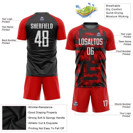 Maillot de football personnalisé à sublimation rouge, blanc et noir Maillot de football personnalisé à sublimation rouge, blanc et noir