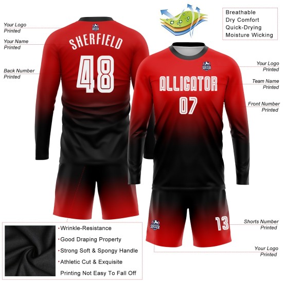 Maillot de football personnalisé à manches longues, imprimé par sublimation, rouge, blanc et noir Maillot de football personnalisé à manches longues, imprimé par sublimation, rouge, blanc et noir