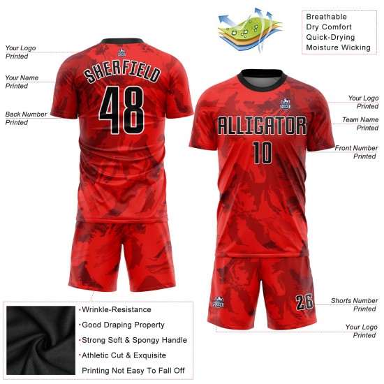 Maillot de football personnalisé à sublimation rouge, noir et blanc Maillot de football personnalisé à sublimation rouge, noir et blanc