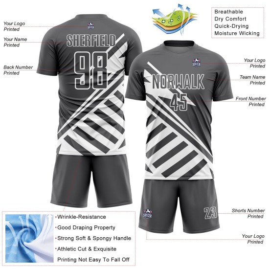 Maillot de football personnalisé à sublimation, lignes blanches et gris acier Maillot de football personnalisé à sublimation, lignes blanches et gris acier