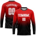 Maillot de football personnalisé à manches longues, imprimé par sublimation, rouge, blanc et noir Maillot de football personnalisé à manches longues, imprimé par sublimation, rouge, blanc et noir
