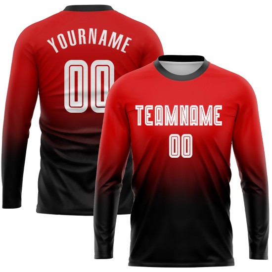 Maillot de football personnalisé à manches longues, imprimé par sublimation, rouge, blanc et noir Maillot de football personnalisé à manches longues, imprimé par sublimation, rouge, blanc et noir