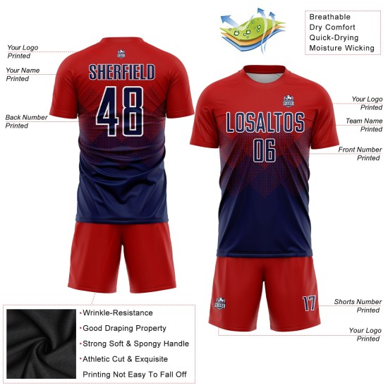 Maillot de football personnalisé à sublimation rouge, bleu marine et blanc Maillot de football personnalisé à sublimation rouge, bleu marine et blanc