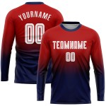 Maillot de football personnalisé à manches longues, imprimé par sublimation, rouge, blanc et bleu marine Maillot de football personnalisé à manches longues, imprimé par sublimation, rouge, blanc et bleu marine