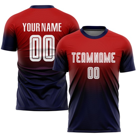 Maillot de football personnalisé rouge, blanc et bleu marine, imprimé par sublimation Maillot de football personnalisé rouge, blanc et bleu marine, imprimé par sublimation