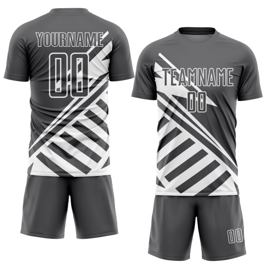 Maillot de football personnalisé à sublimation, lignes blanches et gris acier Maillot de football personnalisé à sublimation, lignes blanches et gris acier