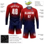 Maillot de football personnalisé à manches longues, imprimé par sublimation, rouge, blanc et bleu marine Maillot de football personnalisé à manches longues, imprimé par sublimation, rouge, blanc et bleu marine