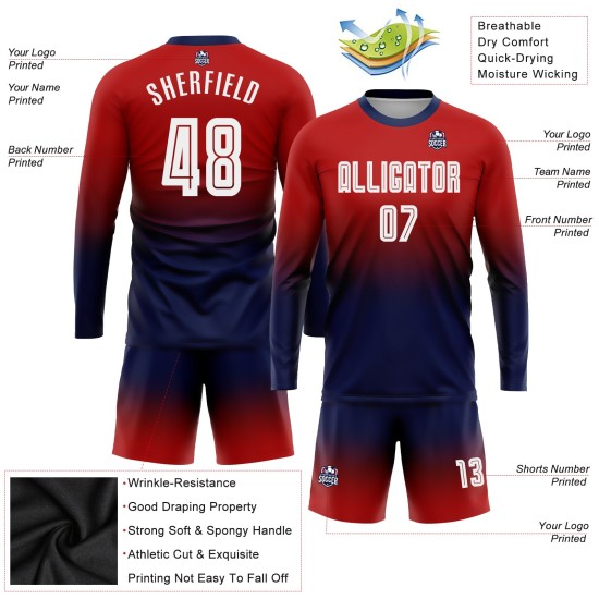 Maillot de football personnalisé à manches longues, imprimé par sublimation, rouge, blanc et bleu marine Maillot de football personnalisé à manches longues, imprimé par sublimation, rouge, blanc et bleu marine