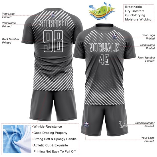 Maillot de football personnalisé à sublimation, lignes diagonales grises et blanches Maillot de football personnalisé à sublimation, lignes diagonales grises et blanches