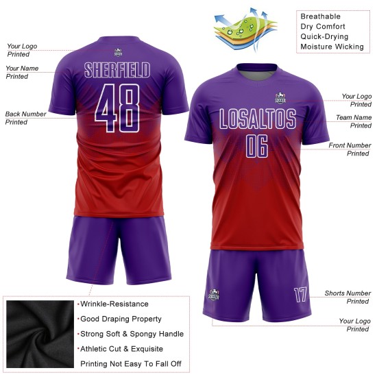 Maillot de football personnalisé à sublimation rouge, violet et blanc Maillot de football personnalisé à sublimation rouge, violet et blanc